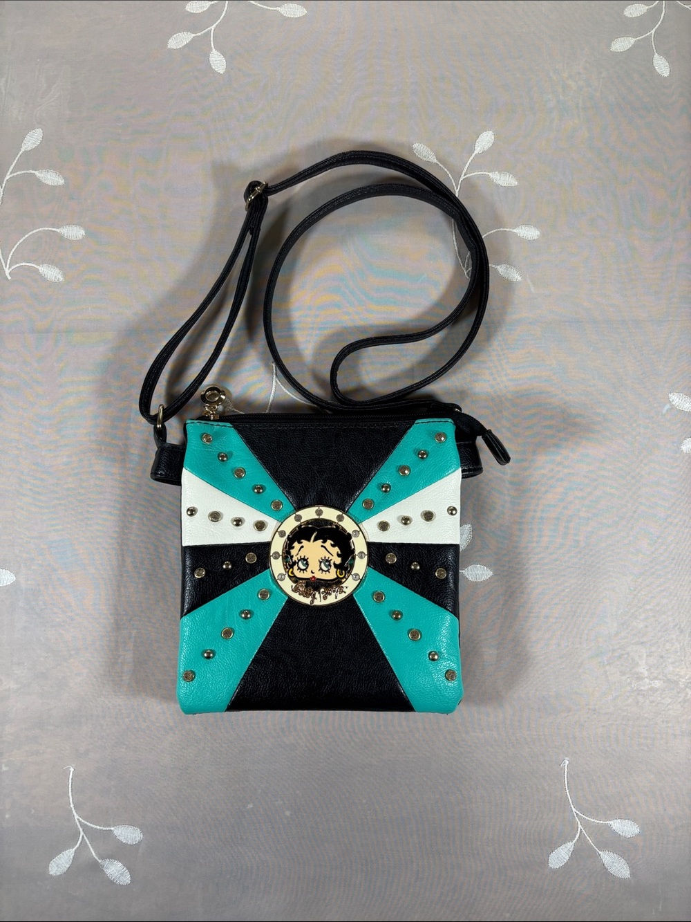 Betty Boop Black & Teal Crossbody Woman Bag Gold Accent Shinny Stone Iconic